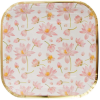 Altın Varaklı Çiçek Desenli Kare Tabak 6 Adet - Parti Yıldızı