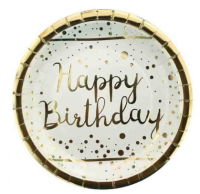 Altın Varaklı Happy Birthday Beyaz Tabak 6 Adet - Parti Yıldızı