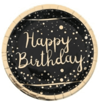 Altın Varaklı Happy Birthday Siyah Tabak 6 Adet - Parti Yıldızı