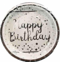 Gümüş Varaklı Happy Birthday Beyaz Tabak - Parti Yıldızı