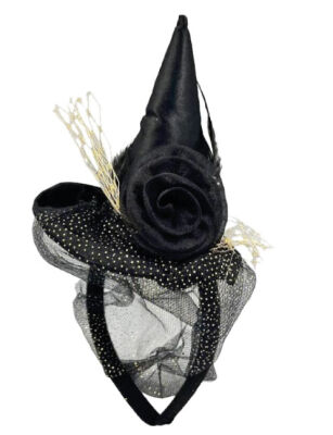 Halloween Aksesuar Taç Güllü Kumaş Cadı Şapkası Siyah Renk - 1