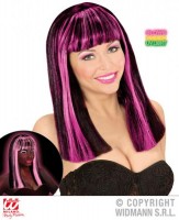 Neon Uzun Siyah Peruk Pembe Şeritli - 