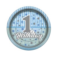 Pırıltılı 1 Yaş Doğumgünü Mavi Tabak 8 Adet - Parti Yıldızı