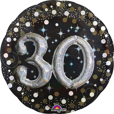 SShape 3D Black and Gold Pırıltılı 30 Yaş Balon 81cm - 1