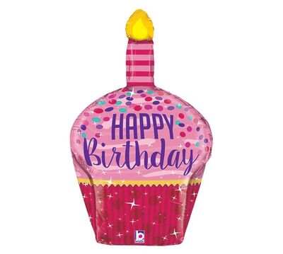 SShape Çok Yönlü Işıltılı Cupcake Happy Birthday Balon 89cm - 1