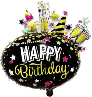 Sshape Happy Birthday Baskılı Party Şekilli Siyah Folyo Balon 70x80cm - Parti Yıldızı