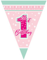 Yıldızlı 1 Yaş Pembe-Mint Üçgen Bayrak Afiş - Parti Yıldızı